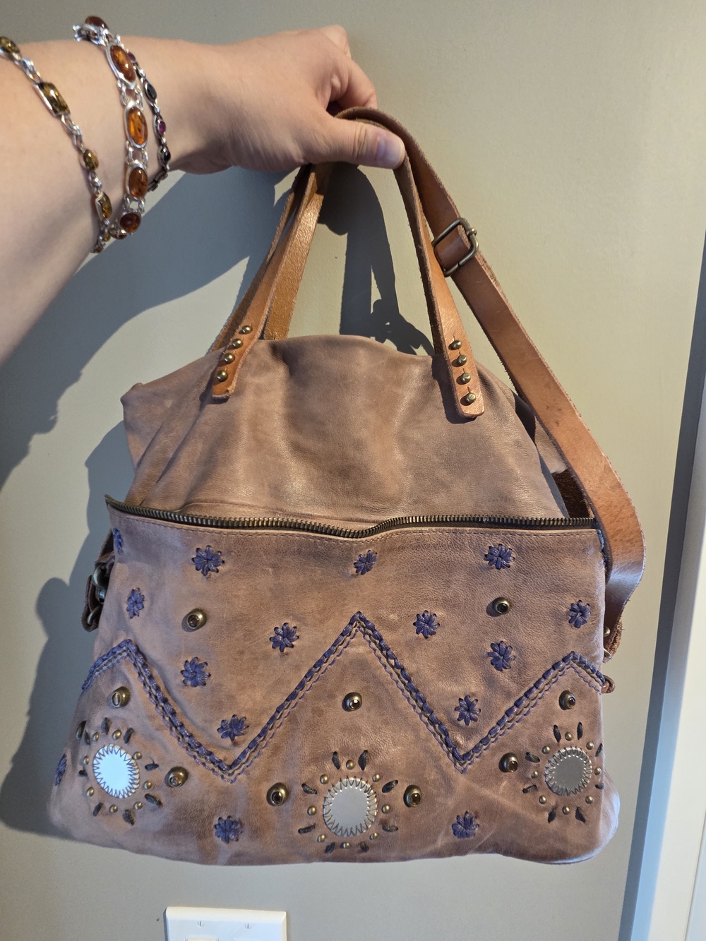 A.S.98 Embroidered Brown Leather Shoulder Bag with Stud Accents, Convertible